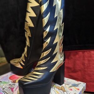Jeffrey Campbell "Kiss This" Black and Gold Heeled Platform Boots - New